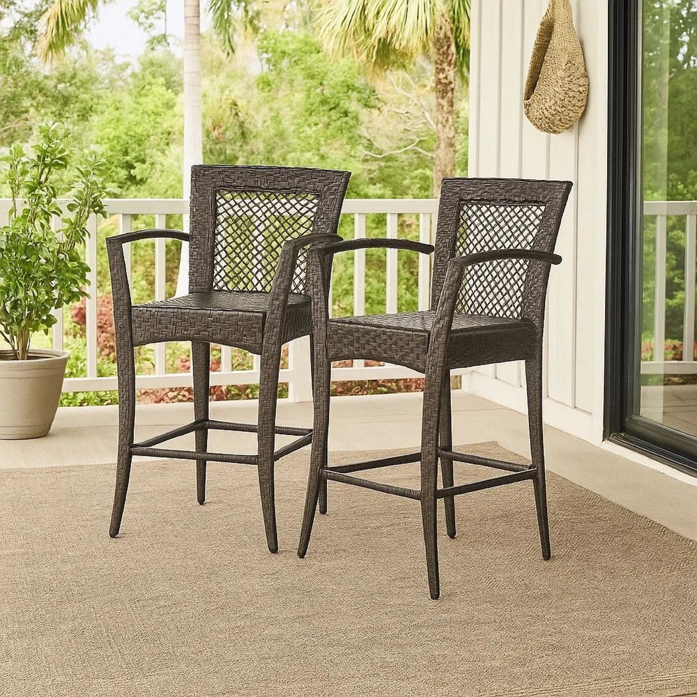 Benjara Fela Outdoor Barstool Chair Set of 2, Wicker Woven, Brown Iron Frame