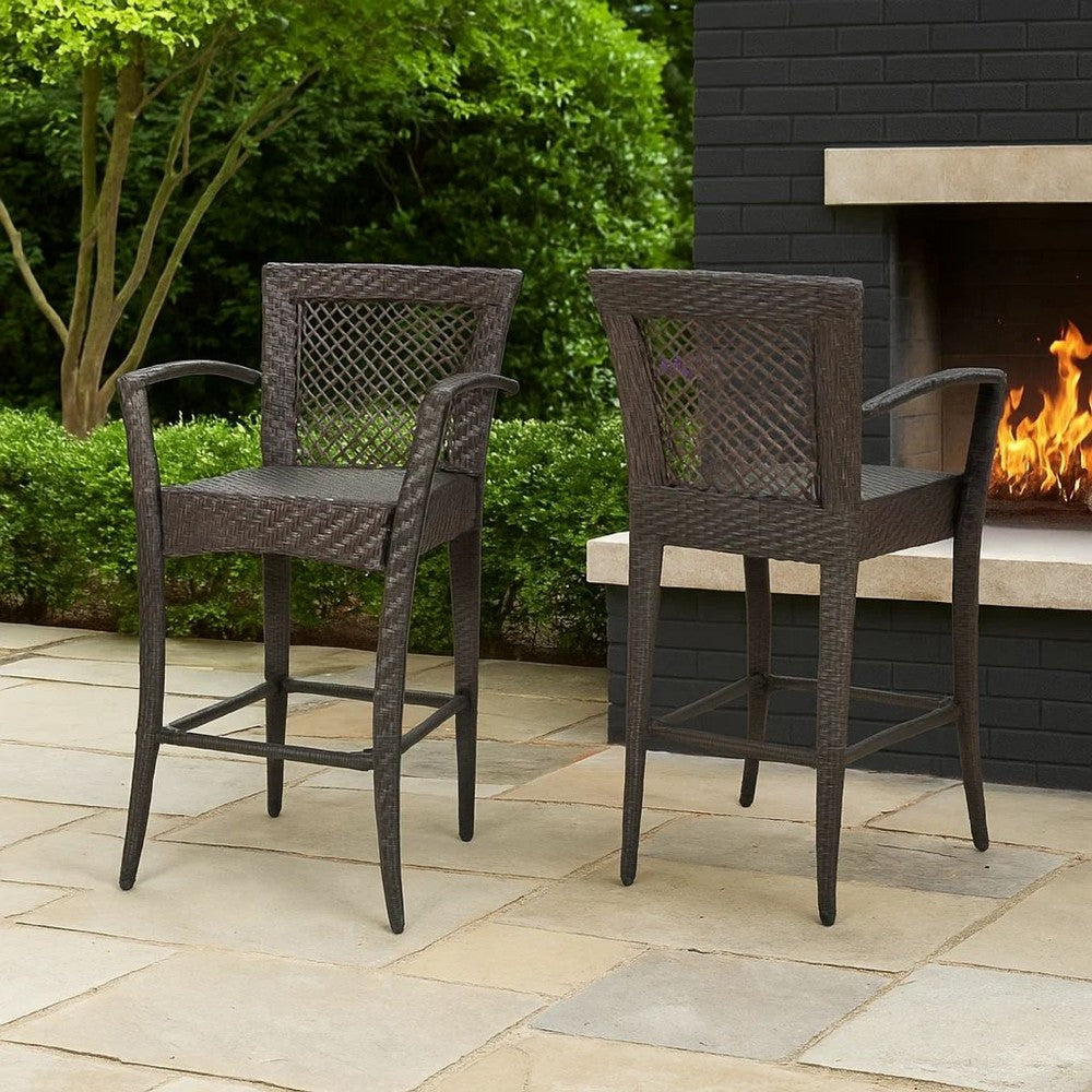 Benjara Fela Outdoor Barstool Chair Set of 2, Wicker Woven, Brown Iron Frame