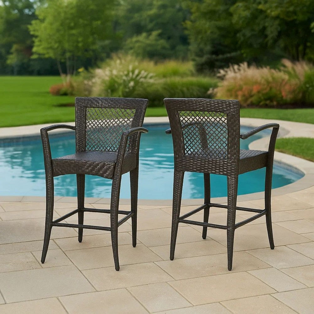Benjara Fela Outdoor Barstool Chair Set of 2, Wicker Woven, Brown Iron Frame