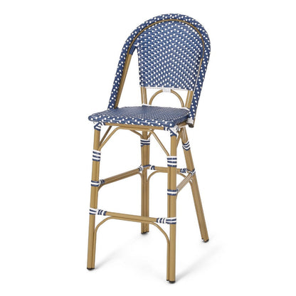 Benjara Meso Outdoor Barstool Chair Set of 2, White Blue Wicker Woven, Brown