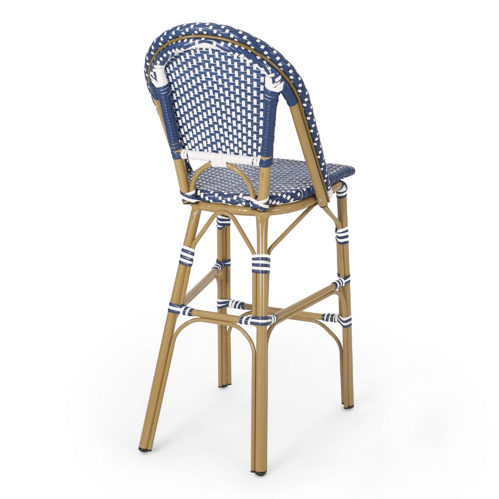 Benjara Meso Outdoor Barstool Chair Set of 2, White Blue Wicker Woven, Brown