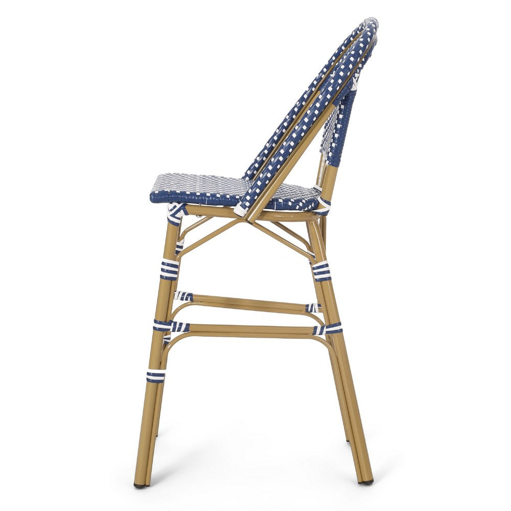Benjara Meso Outdoor Barstool Chair Set of 2, White Blue Wicker Woven, Brown