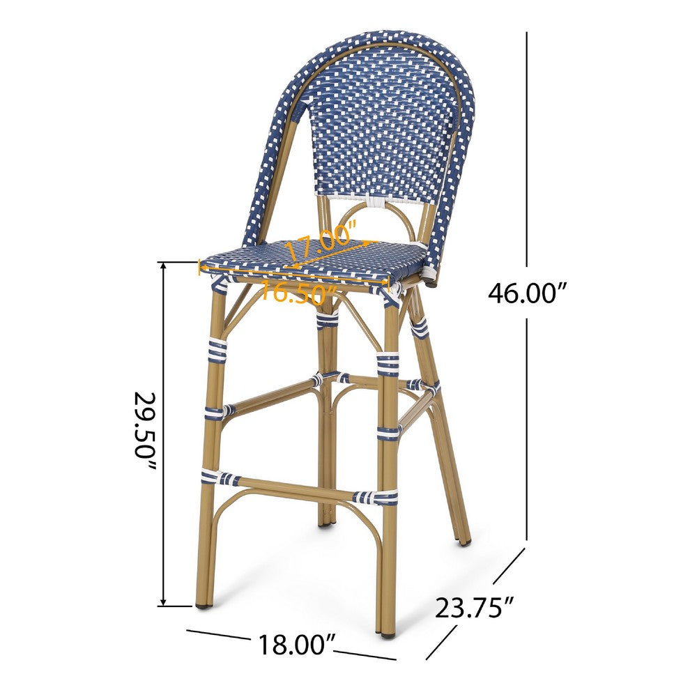Benjara Meso Outdoor Barstool Chair Set of 2, White Blue Wicker Woven, Brown