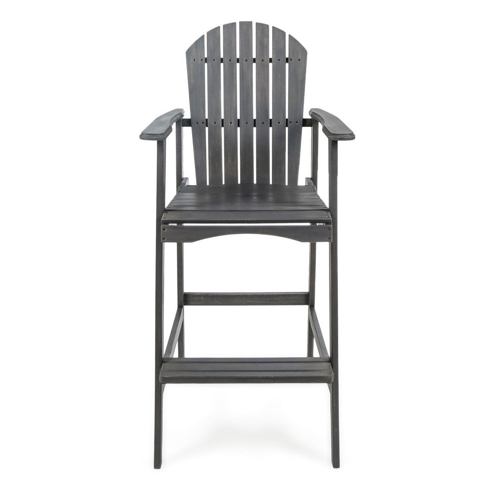 Benjara Outdoor Barstool Chair Set of 2, Rustic Slatted Back, Dark Gray Wood