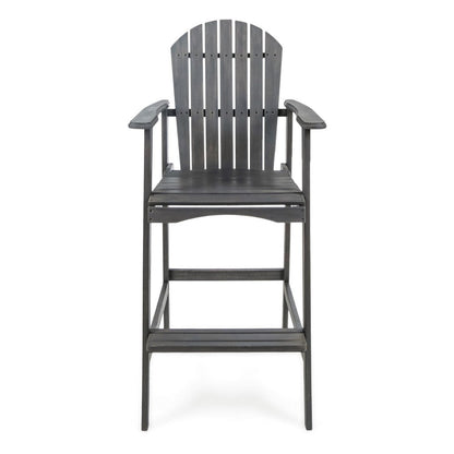 Benjara Outdoor Barstool Chair Set of 2, Rustic Slatted Back, Dark Gray Wood