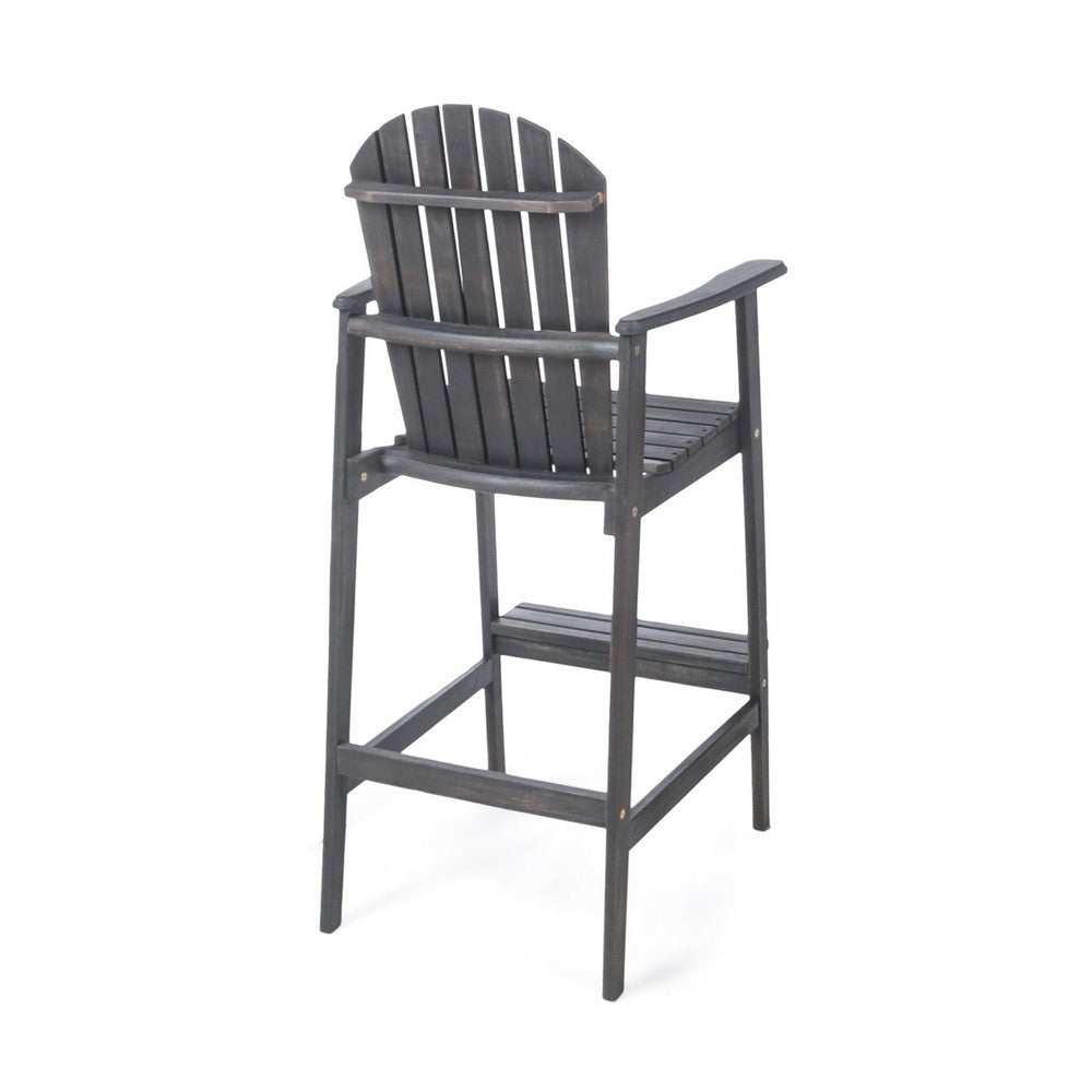 Benjara Outdoor Barstool Chair Set of 2, Rustic Slatted Back, Dark Gray Wood