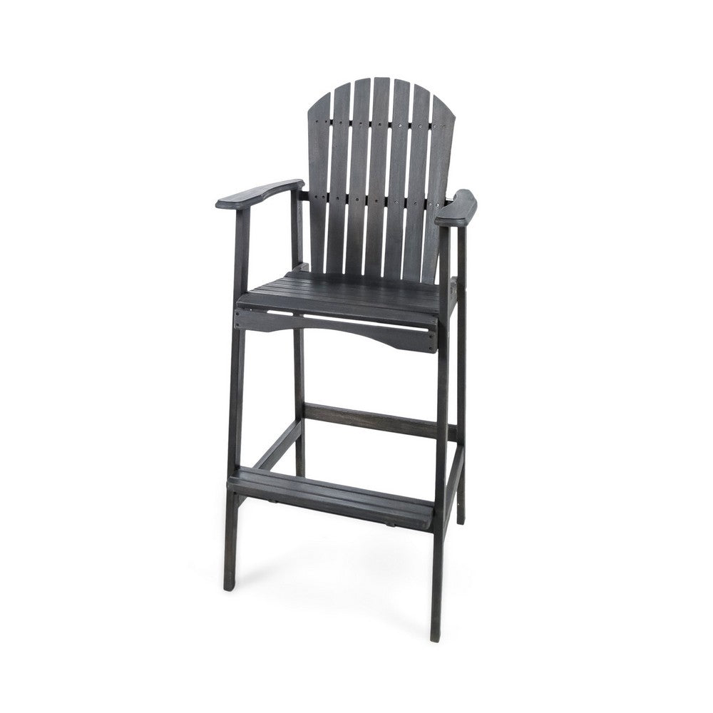 Benjara Outdoor Barstool Chair Set of 2, Rustic Slatted Back, Dark Gray Wood