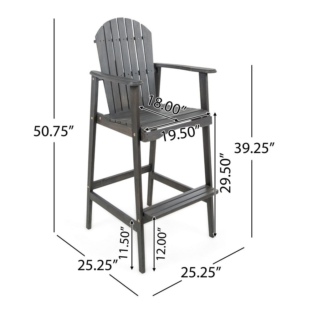 Benjara Outdoor Barstool Chair Set of 2, Rustic Slatted Back, Dark Gray Wood