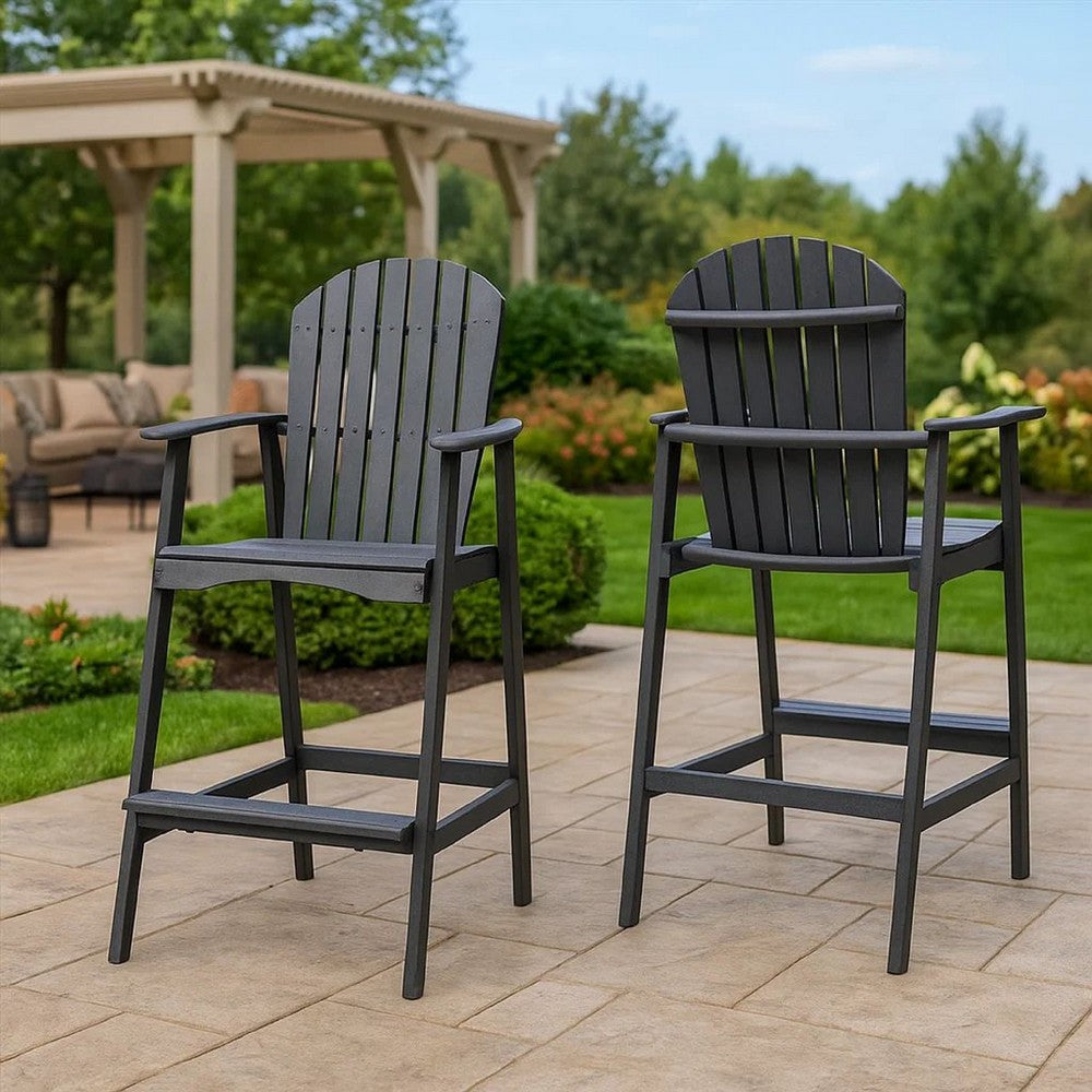 Benjara Outdoor Barstool Chair Set of 2, Rustic Slatted Back, Dark Gray Wood