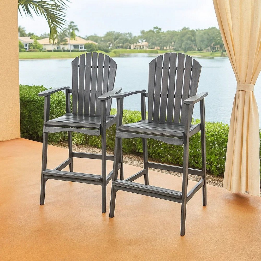 Benjara Outdoor Barstool Chair Set of 2, Rustic Slatted Back, Dark Gray Wood