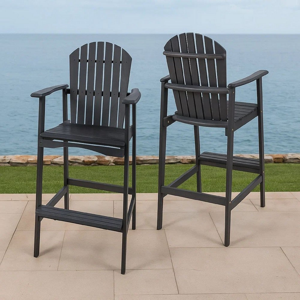 Benjara Outdoor Barstool Chair Set of 2, Rustic Slatted Back, Dark Gray Wood