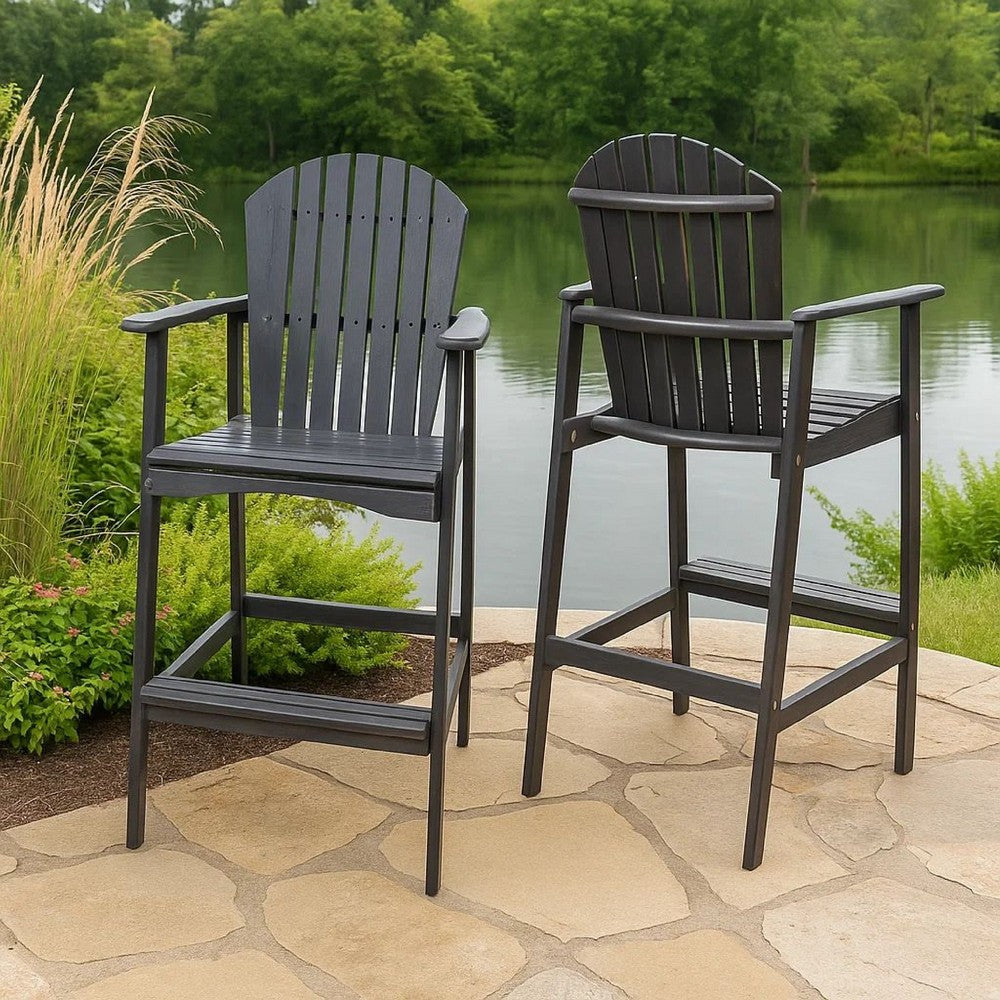 Benjara Outdoor Barstool Chair Set of 2, Rustic Slatted Back, Dark Gray Wood