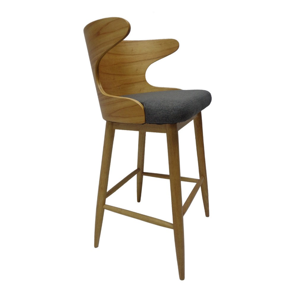 Benjara Modern Bar Height Chair Set of 2, Curved Backrest Charcoal Gray, Brown