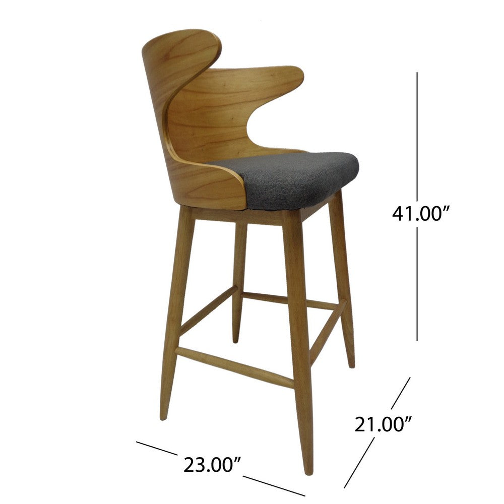 Benjara Modern Bar Height Chair Set of 2, Curved Backrest Charcoal Gray, Brown