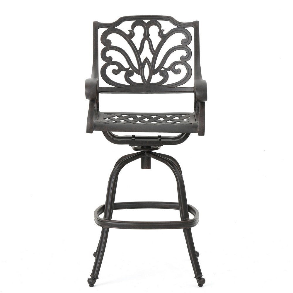 Benjara Outdoor Swivel Bar Height Chair, Ornate Bronze Aluminum Flared Base