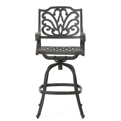 Benjara Outdoor Swivel Bar Height Chair, Ornate Bronze Aluminum Flared Base