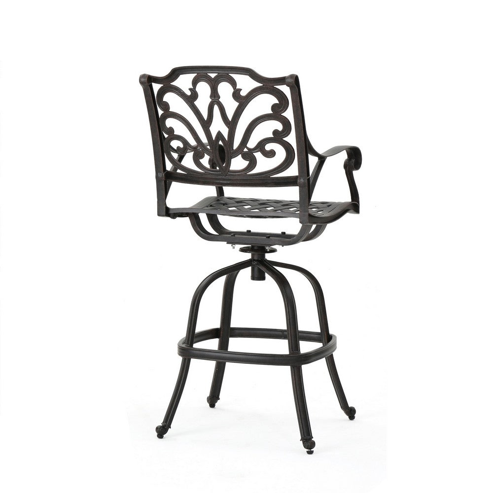 Benjara Outdoor Swivel Bar Height Chair, Ornate Bronze Aluminum Flared Base