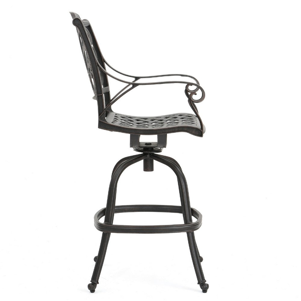 Benjara Outdoor Swivel Bar Height Chair, Ornate Bronze Aluminum Flared Base
