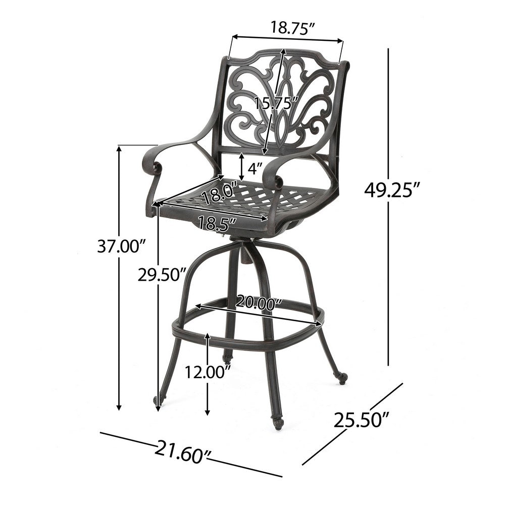 Benjara Outdoor Swivel Bar Height Chair, Ornate Bronze Aluminum Flared Base