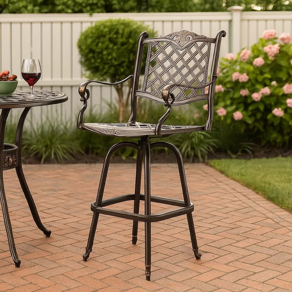 Benjara Outdoor Swivel Bar Height Chair, Ornate Bronze Aluminum Flared Base