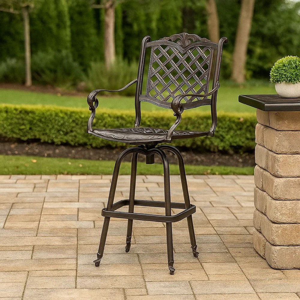 Benjara Outdoor Swivel Bar Height Chair, Ornate Bronze Aluminum Flared Base