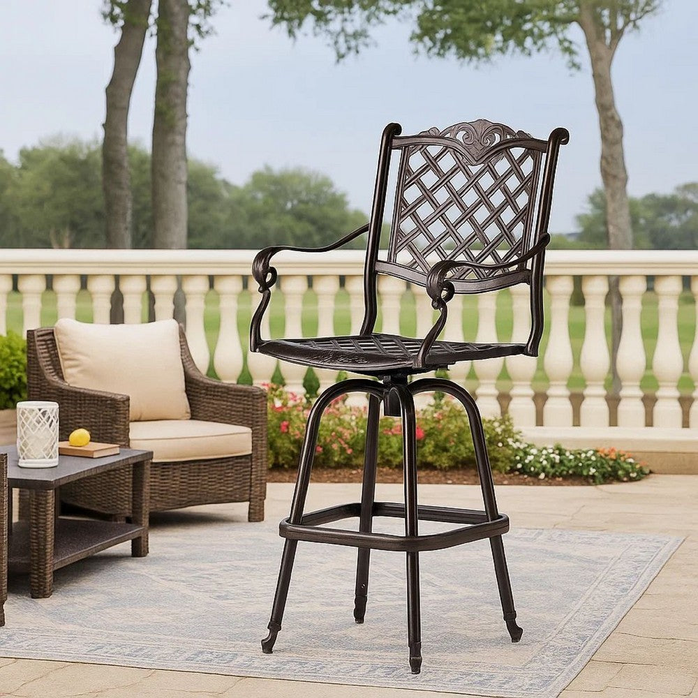 Benjara Outdoor Swivel Bar Height Chair, Ornate Bronze Aluminum Flared Base