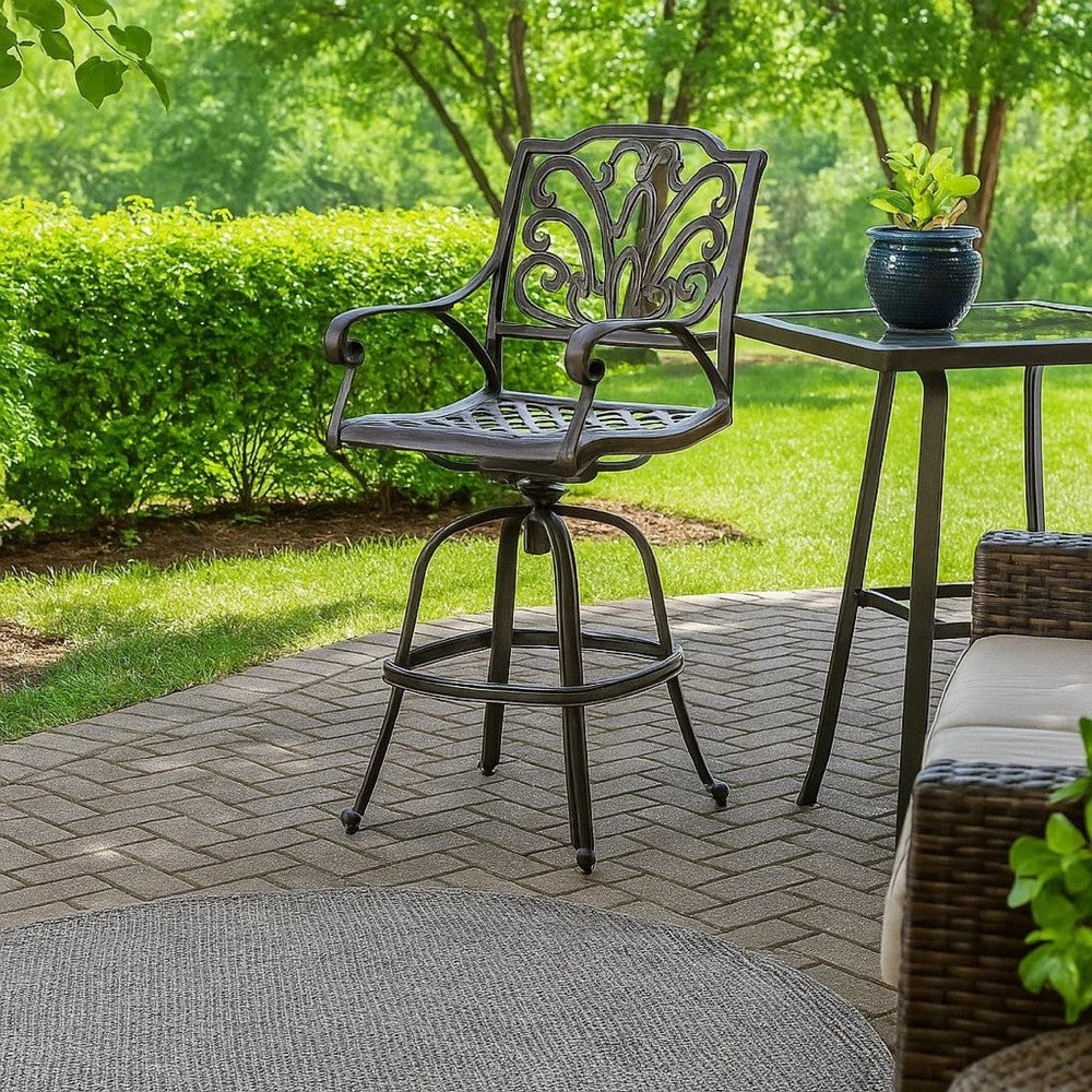 Benjara Outdoor Swivel Bar Height Chair, Ornate Bronze Aluminum Flared Base