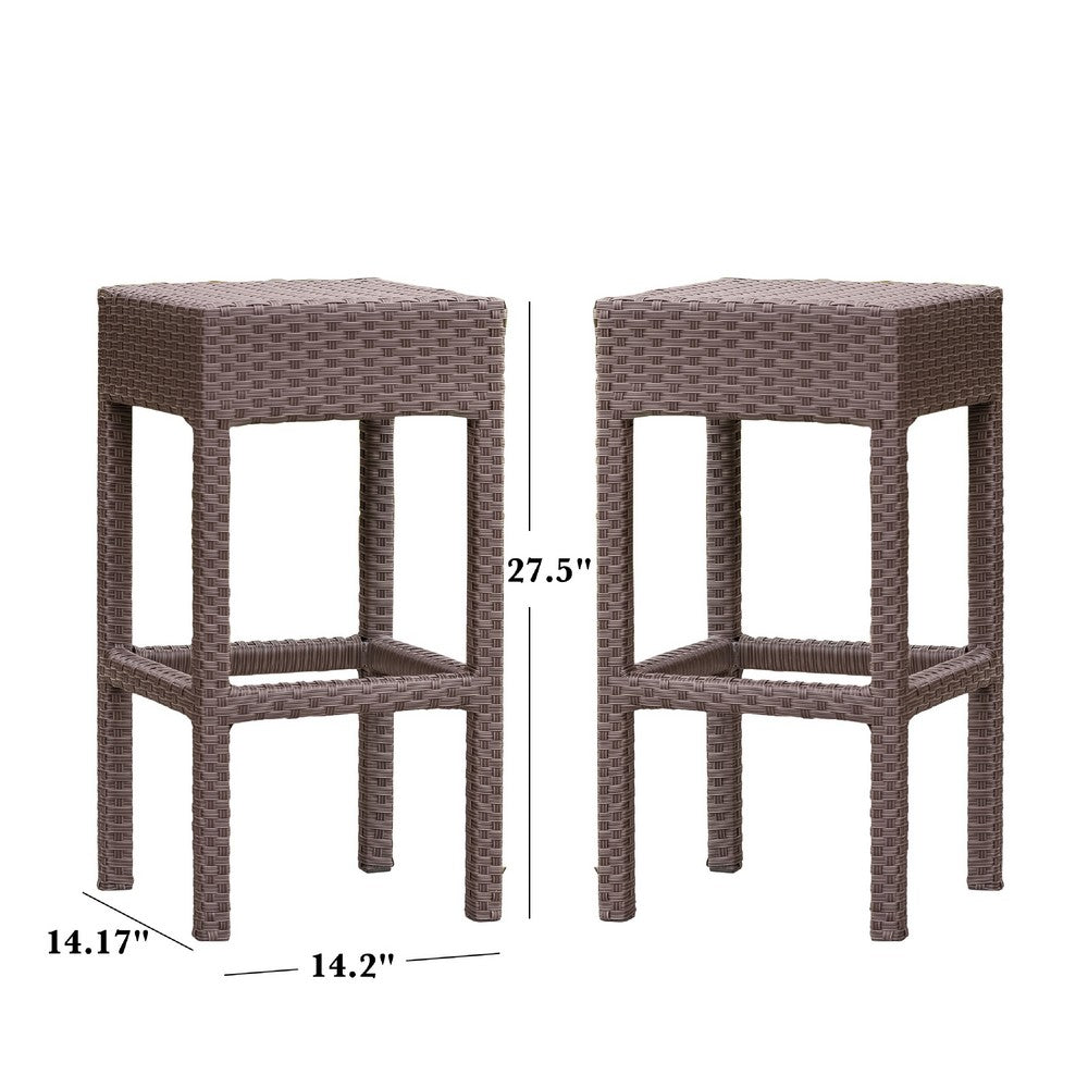 Benjara Outdoor Barstool Set of 2, Industrial Style Dark Brown Rattan Woven