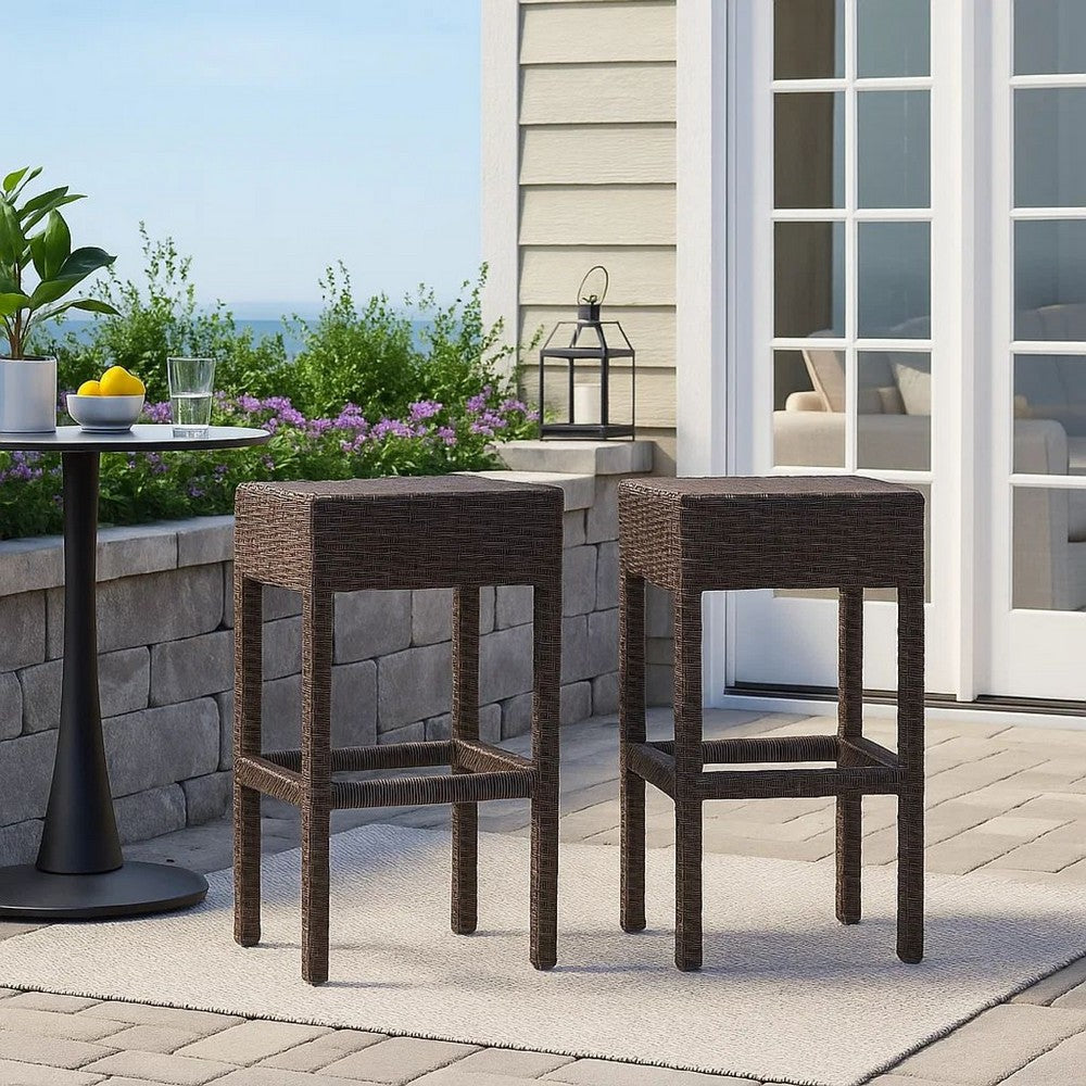 Benjara Outdoor Barstool Set of 2, Industrial Style Dark Brown Rattan Woven