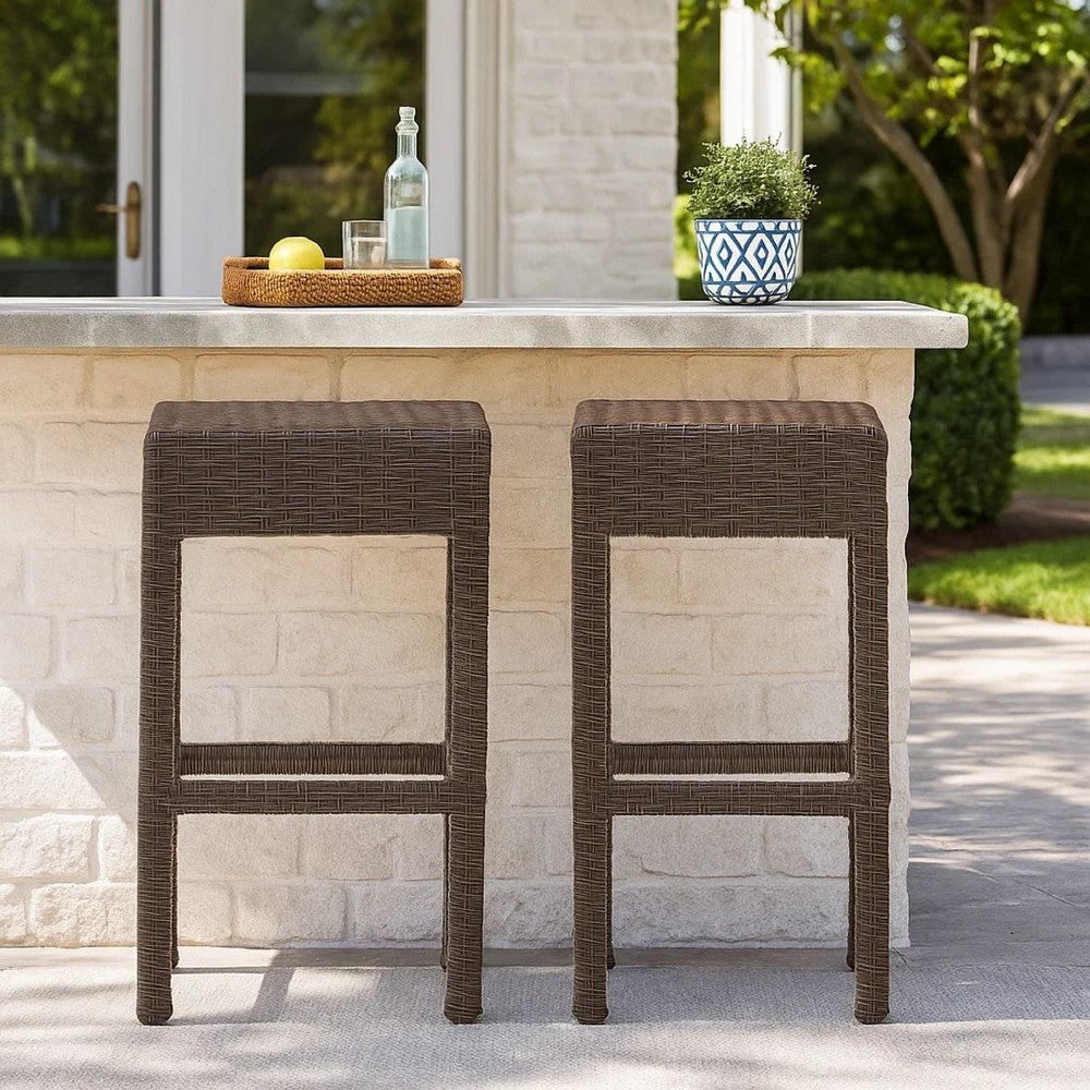 Benjara Outdoor Barstool Set of 2, Industrial Style Dark Brown Rattan Woven