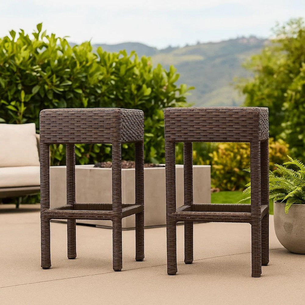 Benjara Outdoor Barstool Set of 2, Industrial Style Dark Brown Rattan Woven
