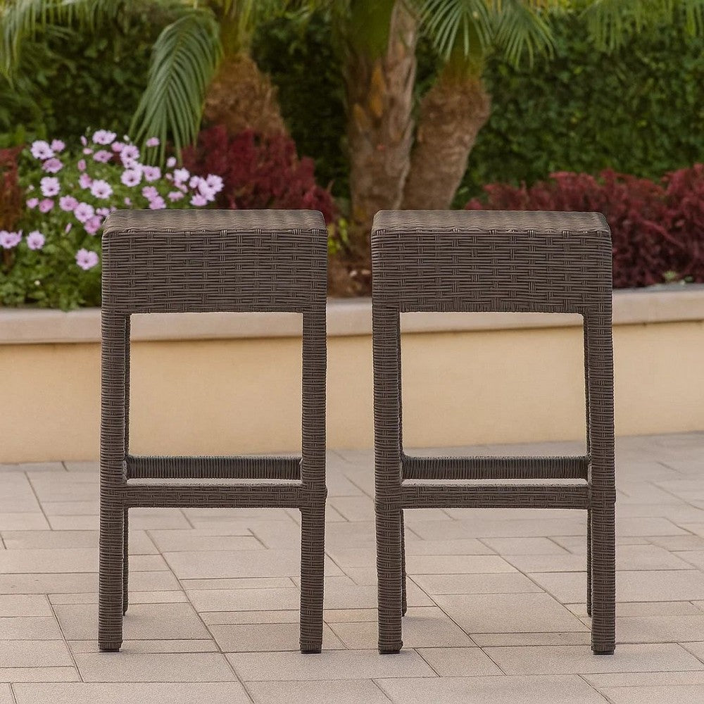 Benjara Outdoor Barstool Set of 2, Industrial Style Dark Brown Rattan Woven