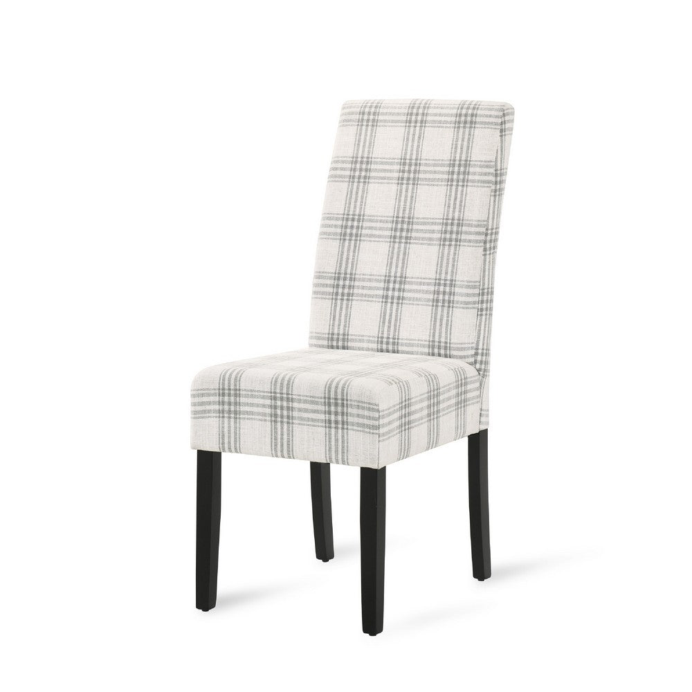 Benjara Cini Dining Side Chair Set of 2, Gray Plaid Fabric, Black Wood Legs