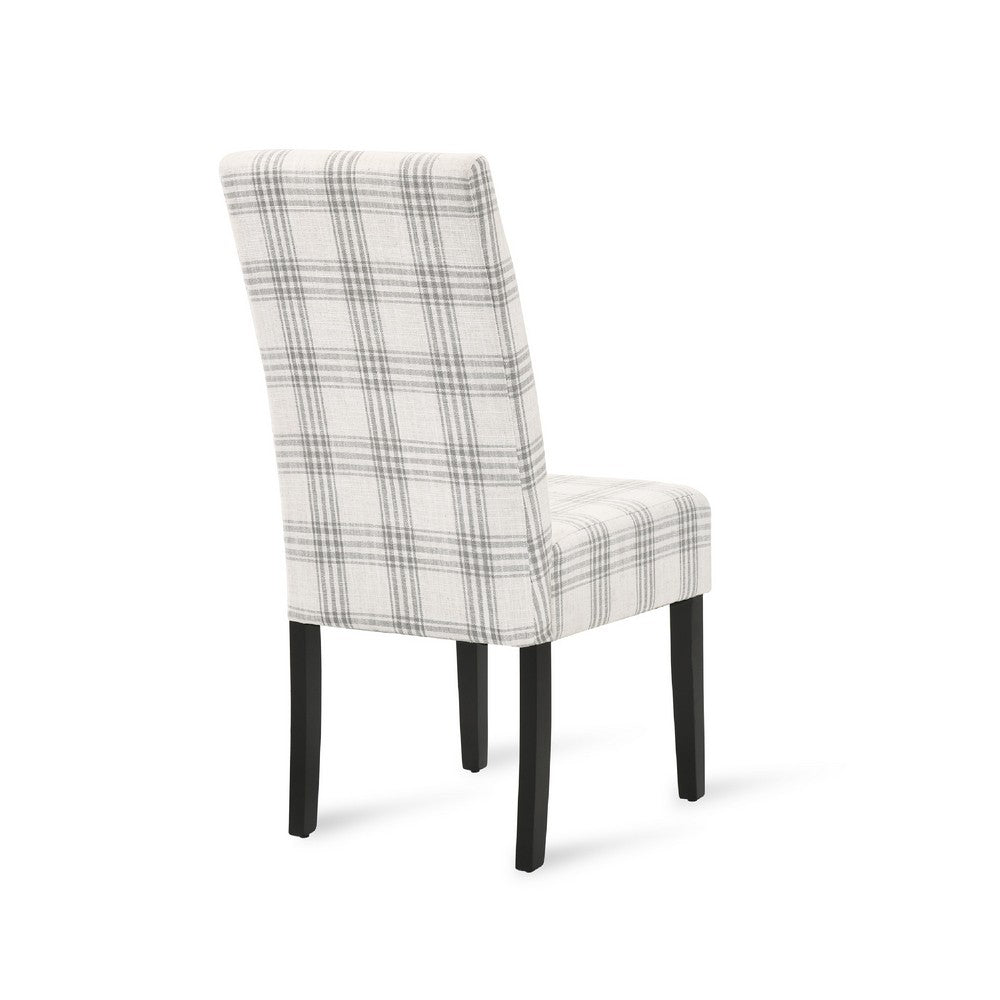 Benjara Cini Dining Side Chair Set of 2, Gray Plaid Fabric, Black Wood Legs