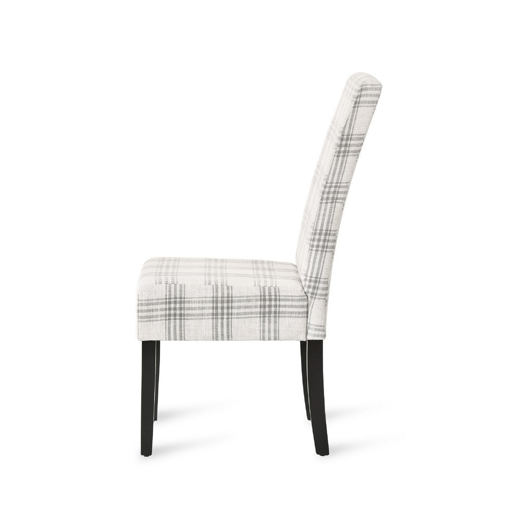 Benjara Cini Dining Side Chair Set of 2, Gray Plaid Fabric, Black Wood Legs