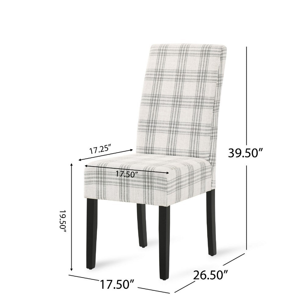 Benjara Cini Dining Side Chair Set of 2, Gray Plaid Fabric, Black Wood Legs