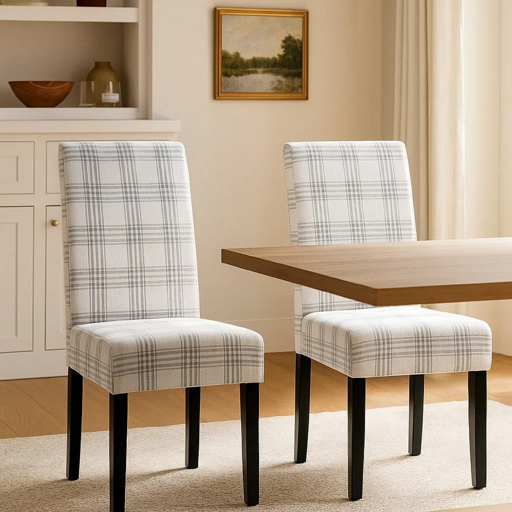 Benjara Cini Dining Side Chair Set of 2, Gray Plaid Fabric, Black Wood Legs