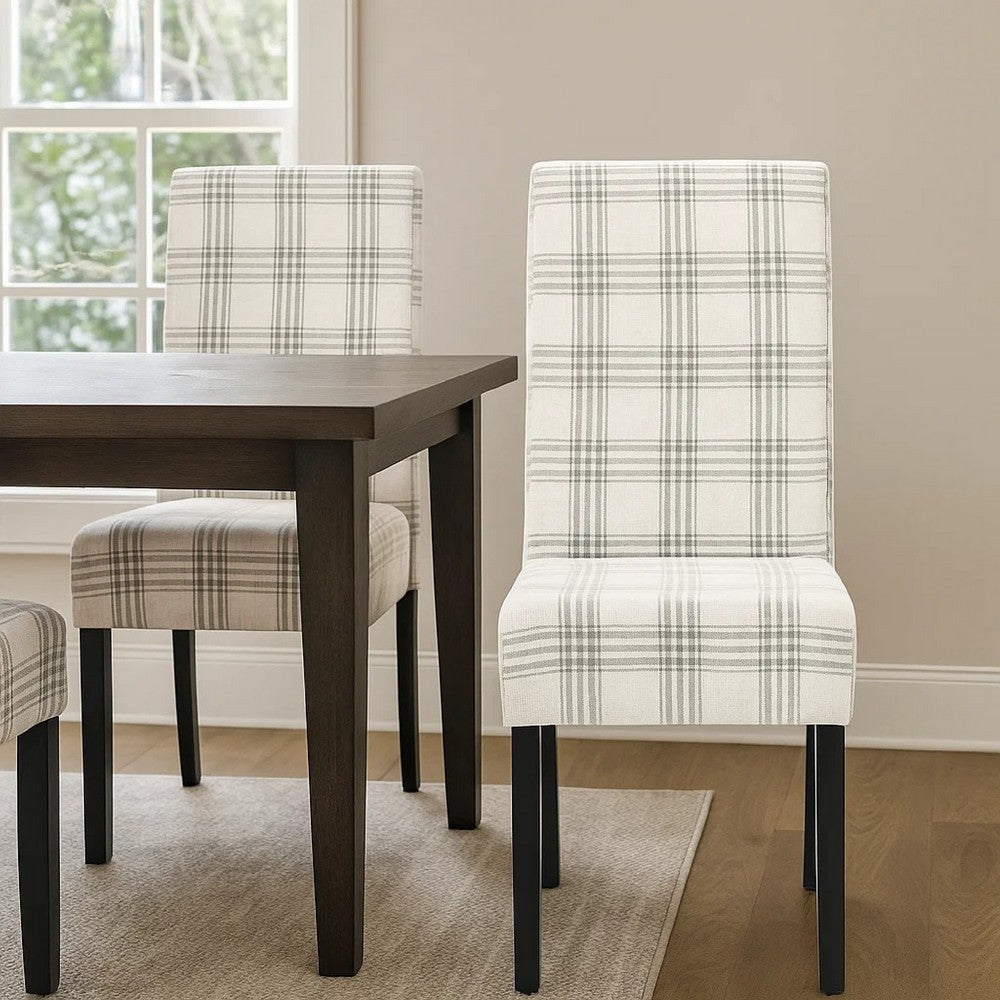 Benjara Cini Dining Side Chair Set of 2, Gray Plaid Fabric, Black Wood Legs