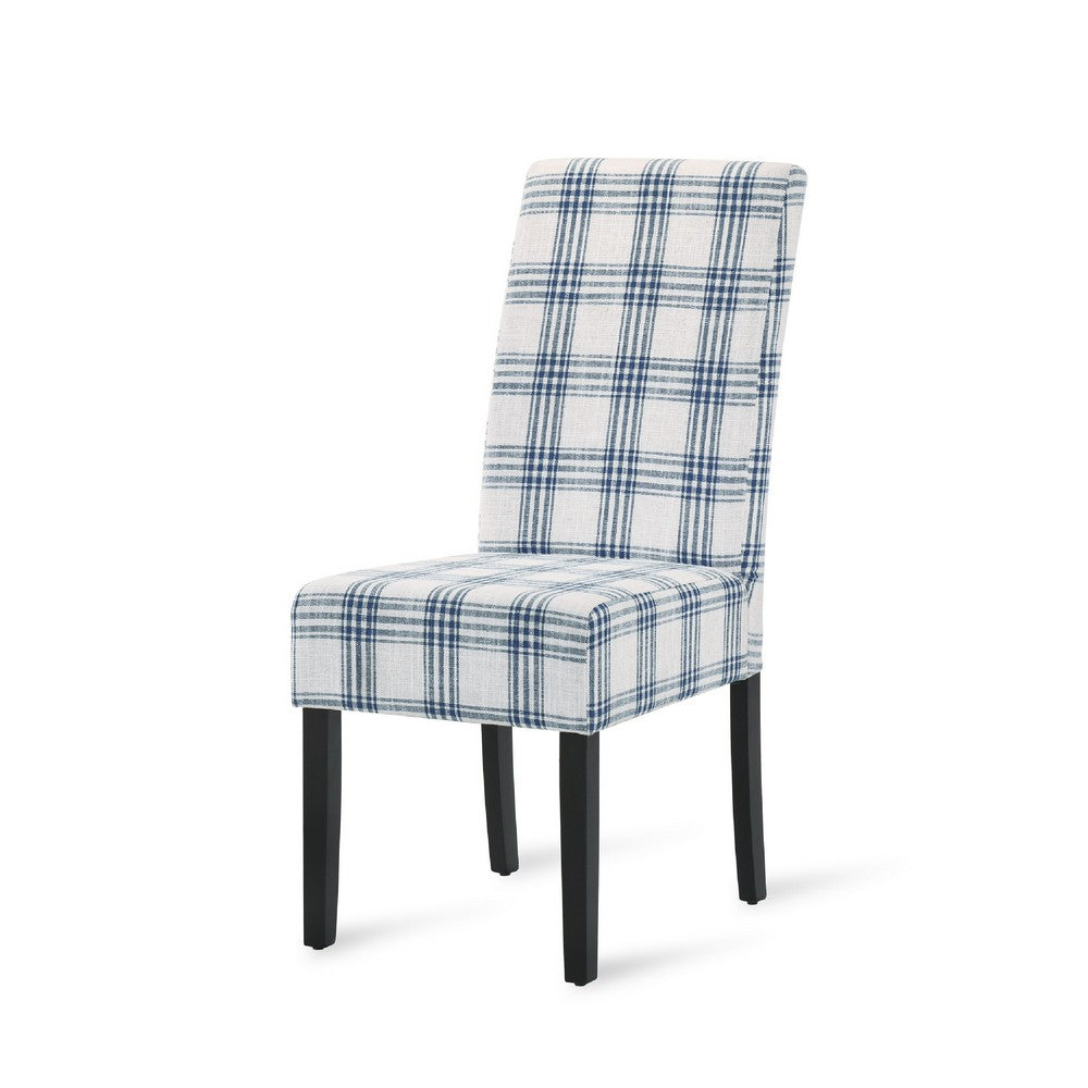 Benjara Cini Dining Side Chair Set of 2, Blue Cream Fabric, Black Wood Legs