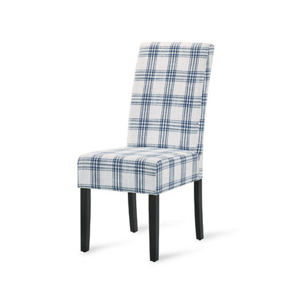 Benjara Cini Dining Side Chair Set of 2, Blue Cream Fabric, Black Wood Legs