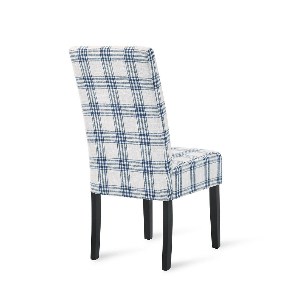 Benjara Cini Dining Side Chair Set of 2, Blue Cream Fabric, Black Wood Legs
