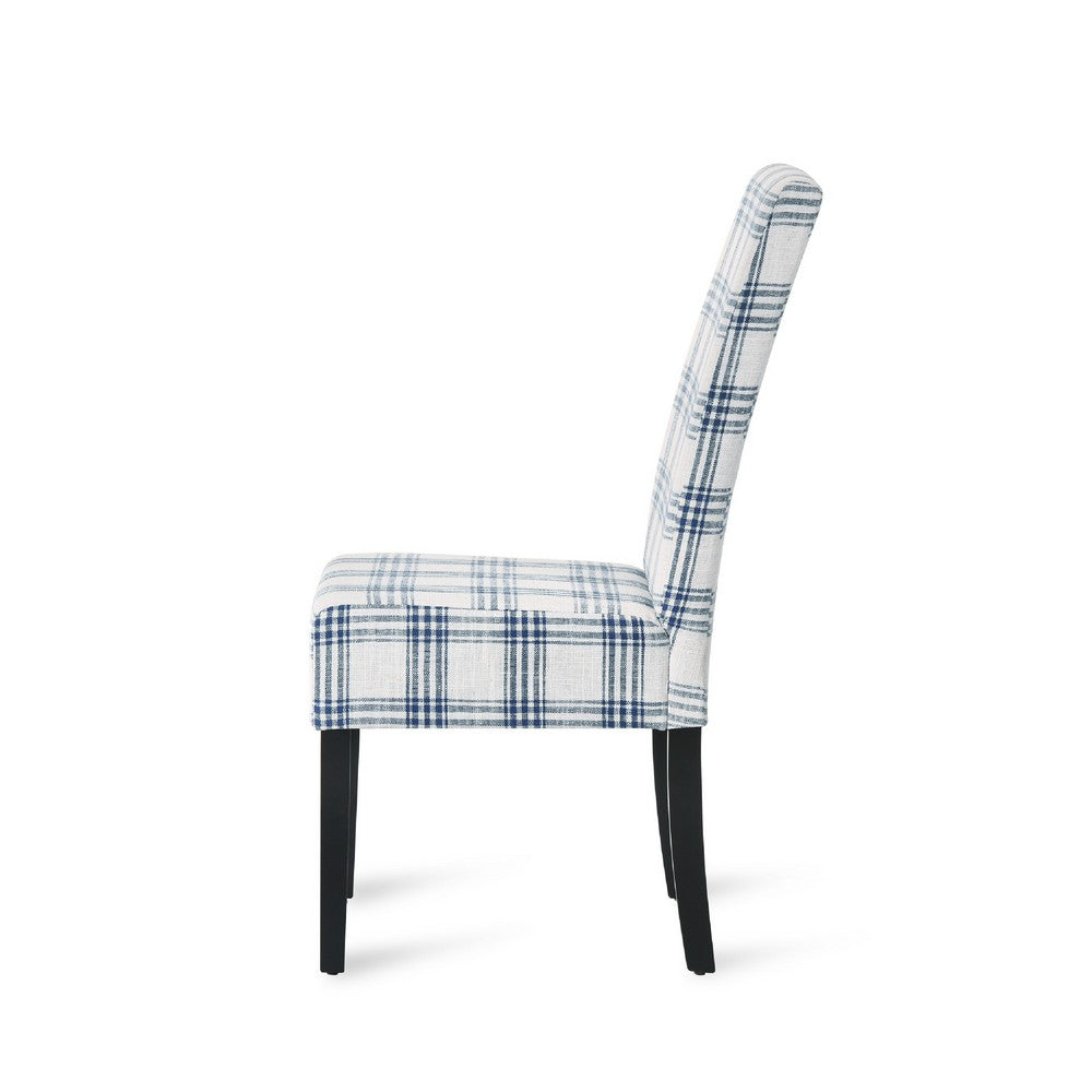 Benjara Cini Dining Side Chair Set of 2, Blue Cream Fabric, Black Wood Legs