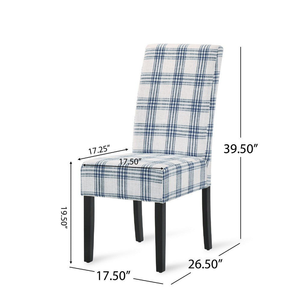 Benjara Cini Dining Side Chair Set of 2, Blue Cream Fabric, Black Wood Legs