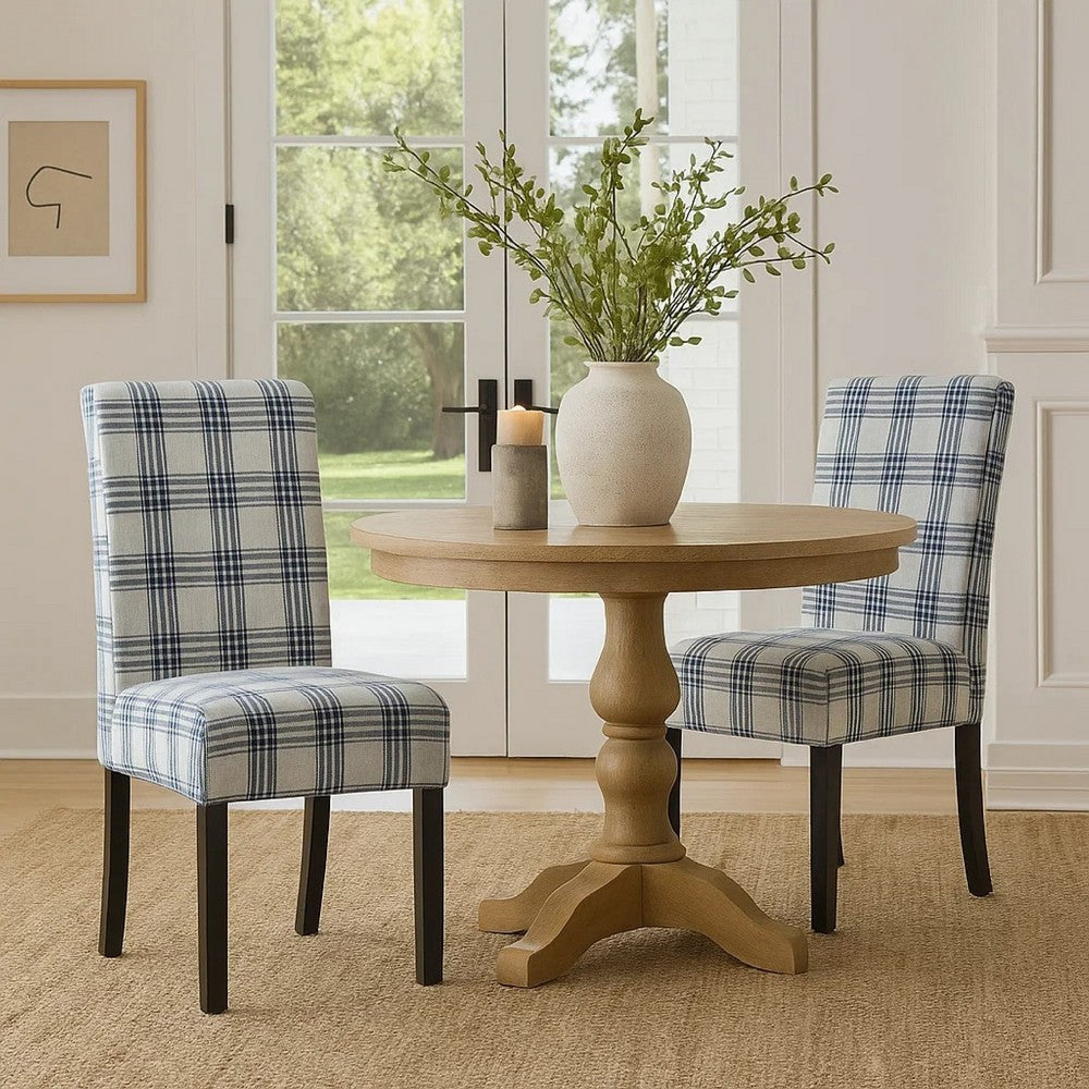 Benjara Cini Dining Side Chair Set of 2, Blue Cream Fabric, Black Wood Legs