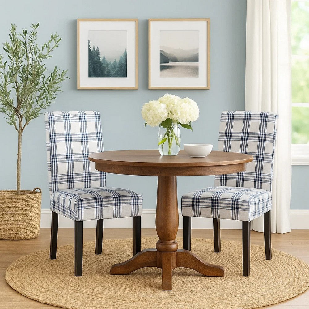 Benjara Cini Dining Side Chair Set of 2, Blue Cream Fabric, Black Wood Legs