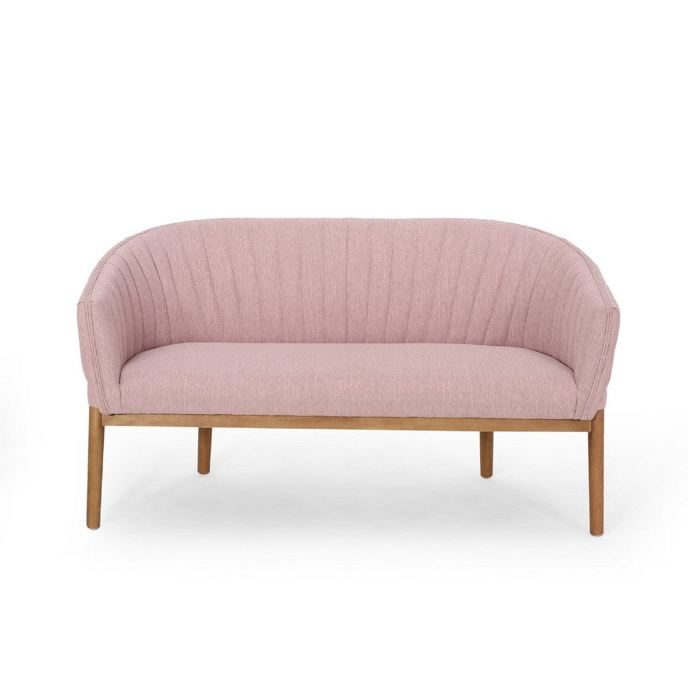 Benjara Fery Loveseat, Blush Pink Fabric Channel Stitched Back, Brown 55 Inch
