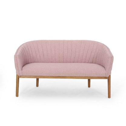 Benjara Fery Loveseat, Blush Pink Fabric Channel Stitched Back, Brown 55 Inch