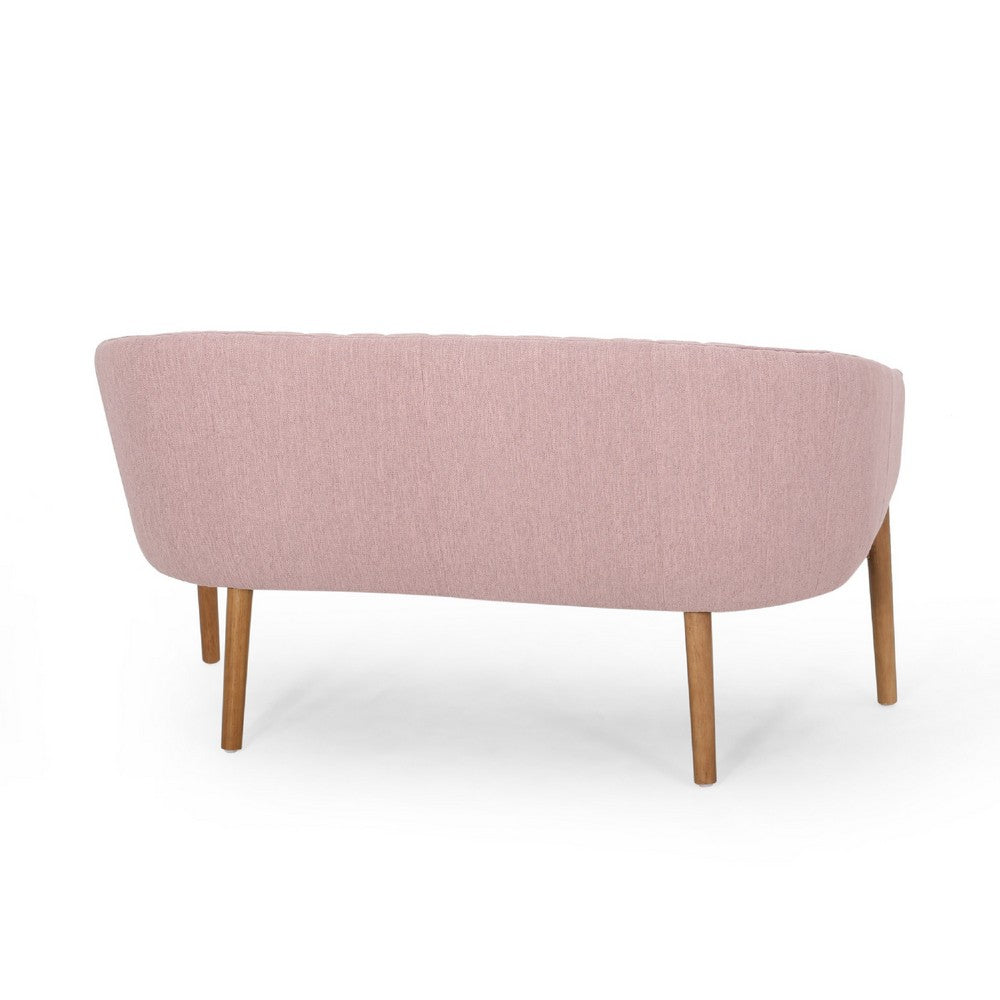 Benjara Fery Loveseat, Blush Pink Fabric Channel Stitched Back, Brown 55 Inch