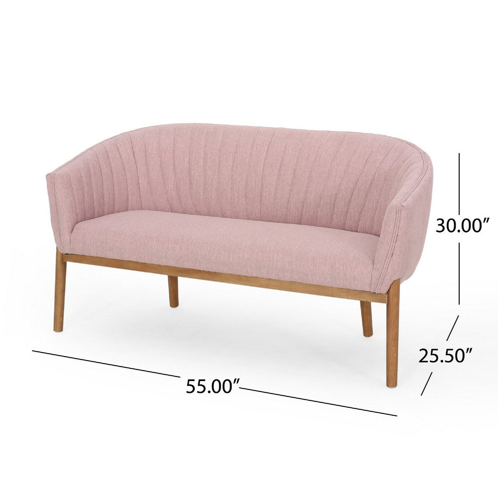 Benjara Fery Loveseat, Blush Pink Fabric Channel Stitched Back, Brown 55 Inch