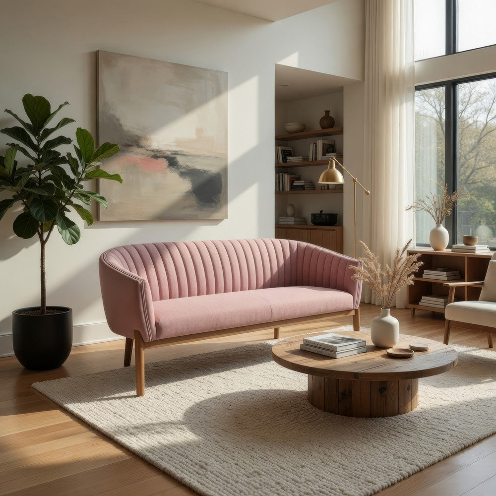 Benjara Fery Loveseat, Blush Pink Fabric Channel Stitched Back, Brown 55 Inch